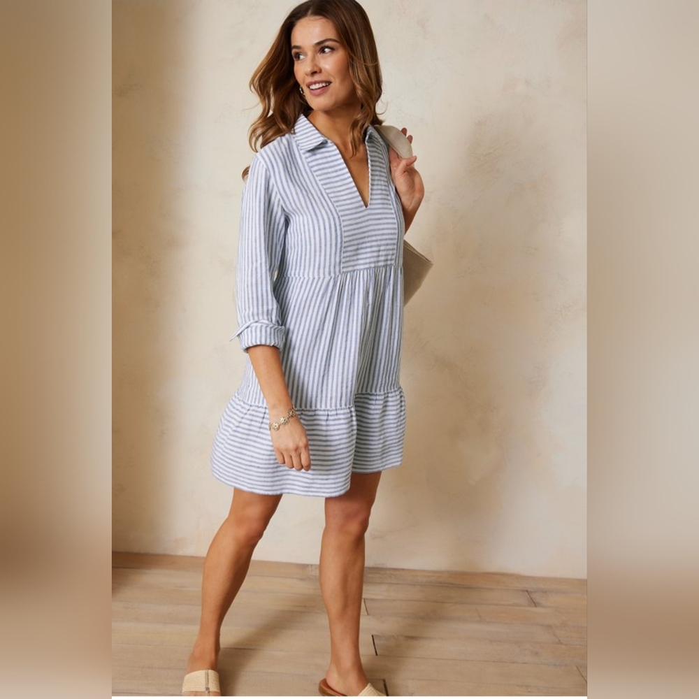 Tommy Bahama Blue and White Striped Tiered Shirt Dress